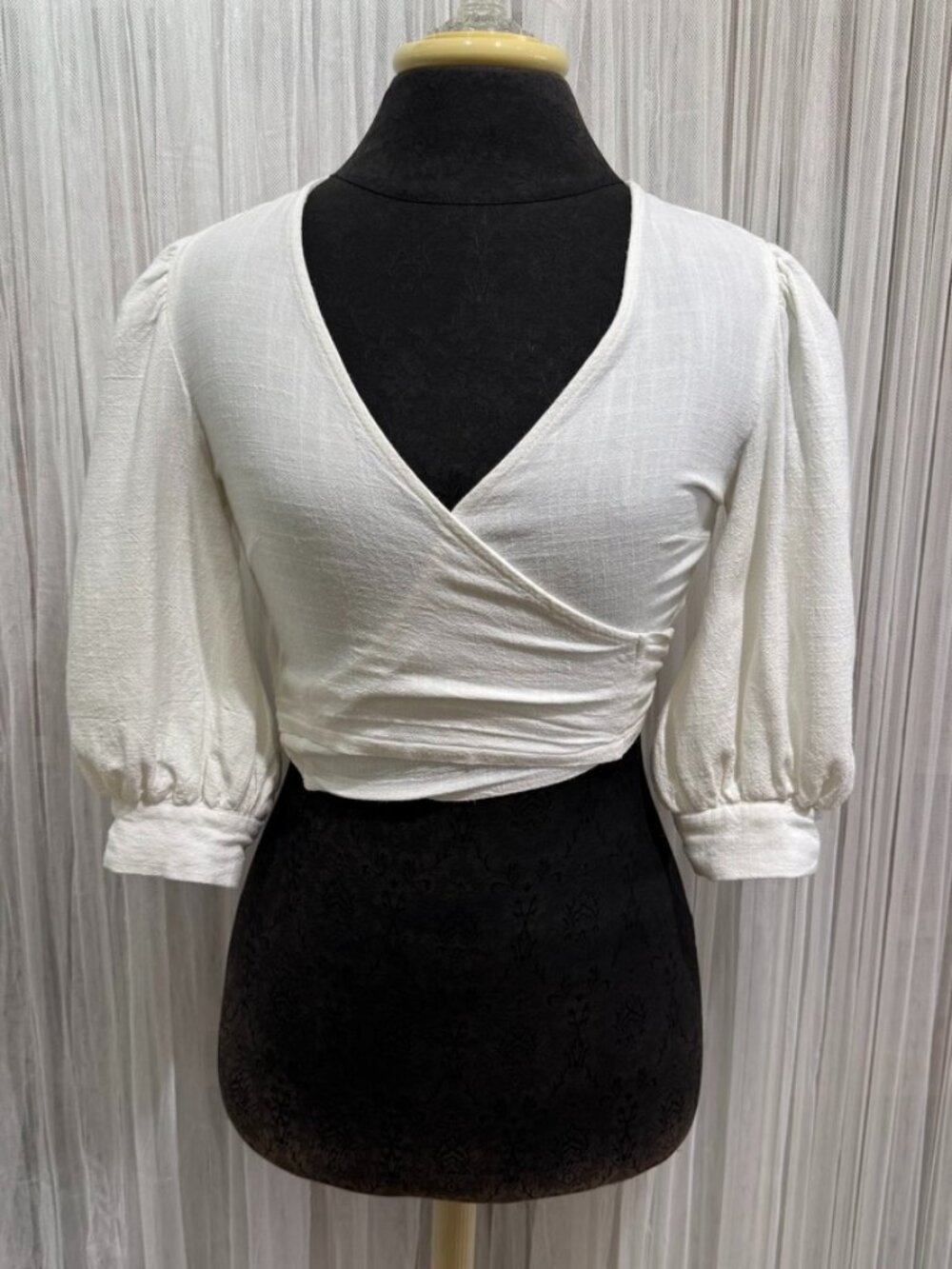 Nasty Gal White Wrap Crop Top Puff Sleeve Tie Back UK 4 US 0 Milkmaid Coquette